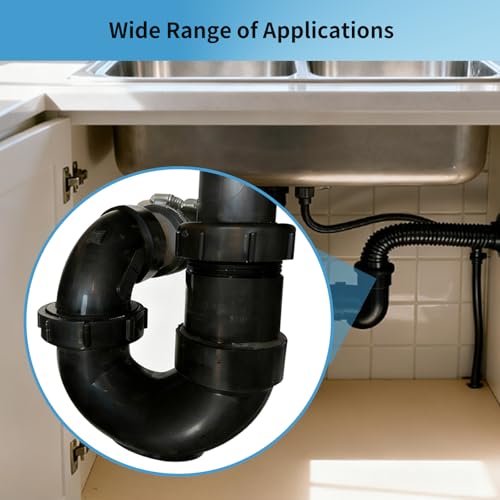 Image of LESSO ABS Adjustable P Trap 1 1 /2 Inch, for RV Drain Bathroom Kitchen Sink | Drain Pipe, Tubular Kit, White Threaded Adapter Ring, DWV Black (HUB x SJ)