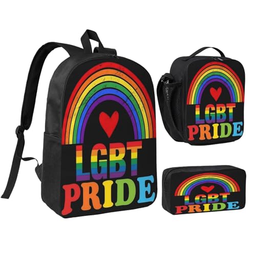 LGBT Rainbow Gay Pride Love Heart 17 Inch Backpack Sets Lunch Bag Lightweight Daypack for Men Women 3Pcs