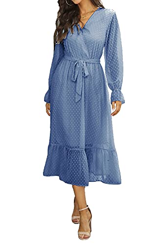 BTFBM Women s Casual Dresses Long Sleeve Wrap V Neck Floral Print Bohemian Swing A-Line Pleated Hem Midi Dress with Belt (Swiss Dot Grey Blue, Medium)