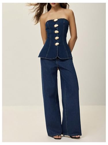 Milumia Women's Metal Button Front Denim Tube Top Elegant Sleeveless Bandeau Tops4