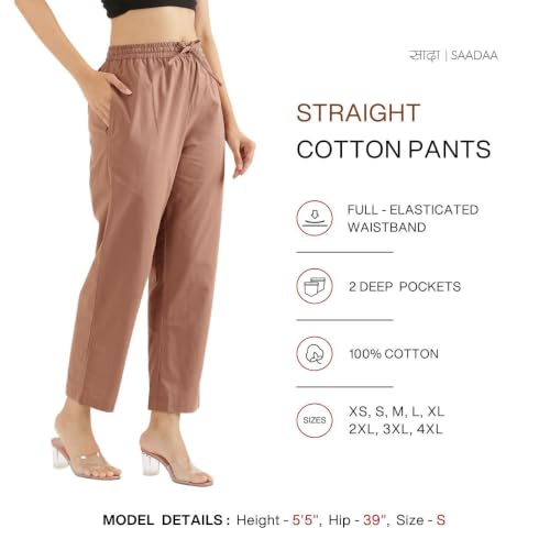 Image of SAADAA Cotton Straight Pants for Women | Breathable Everyday Wear Trousers | Drawstring, Deep Pockets & Elastic Waistband | Casual & Comfortable Fit