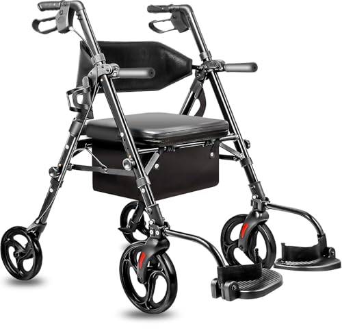 Image of 2-in-1 Lightweight Rollator Walker with Seat and Extra Wide Backrest, Foldable Rolling Walker with All-Terrain 10-inch Front and 8-inch Rear Wheels for Seniors, Supports up to 300 lbs