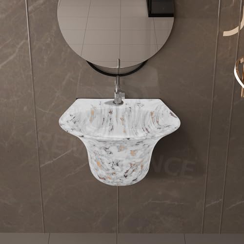 Image of REMANENCE Luxury Wall Mount Half Pedestal Wash Basin for Bathroom | Designer Wall Hung Basin | Wall Mounted Washbasin for Resturent, Hotels (16 x 16 x 11 Inch) (White Gold Spot)