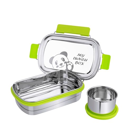 Image of PDDFALCON Stainless Steel Recta Munchy with Panda Print with 100% Leak-Proof, BIS Certified, Jindal Seal & Made in India Lunch Box - 875ml (Recta Munchy Green, 875ml)
