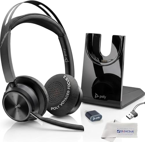 Image of Plantronics Poly Voyager Focus 2 MS Wireless Headphones with Headset Stand, Compatible for Teams, Phones Calls, Zoom, Noise Cancelling Wireless Headset with Mic for Work, Over The Ear, GTW Microfiber