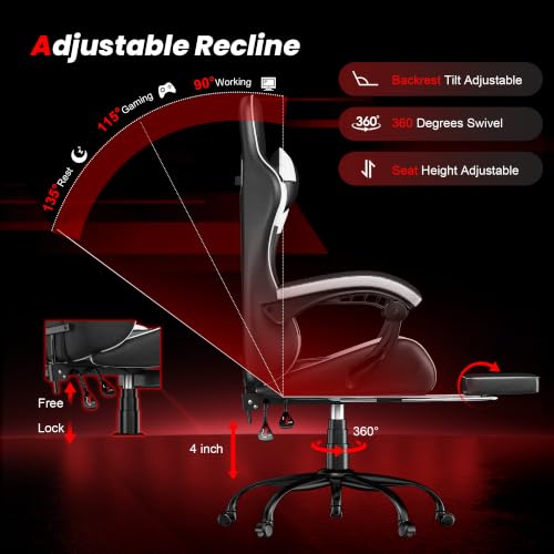 Image of Gaming Chair with Footrest, Ergonomic Video Game Chair with Headrest and Lumbar Support, 400 lbs Adult Chair, Height Adjustable 360 Swivel High Back Reclining Computer Chair for Home Office (White)