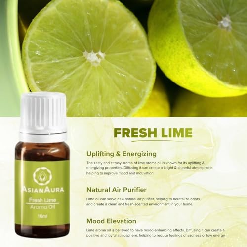 ASIAN AURA Aroma Diffuser Oil Set - English Lavender, Rosy Romance, Fruit Basket, Fresh Lime, White Jasmine, Lemon Grass (10ml Each) Pack of 6| 60ml for Home, Candle, Office