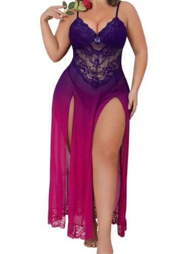 Image of Alrovetoney Plus Size Lingerie For Women Babydoll Sexy Mesh Maxi Nightdress Exotic Sleepwear Side Slits