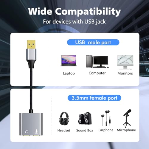 Image of Technoview USB to Audio Adapter with 3.5mm Jack USB Sound Card USB External Stereo Sound Adapter Splitter Converter for Windows and Mac, Linux, Laptop, PC, Compatible with PS4,PS5,Headset,Plug & Play