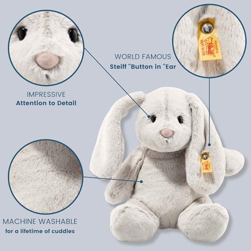Steiff Hoppie Hase mit Schlappohren 28 cm hellgrau, Plüschtier, Soft Cuddly Friends, flauschiges Stofftier zum Kuscheln und Spielen, Kuscheltier für Mädchen und Jungen, waschmaschinenfest