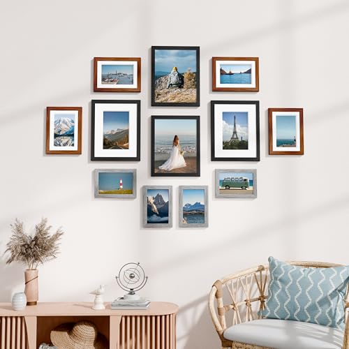 Image of Vittanly 12 Pack Picture Frames Collage Wall Decor for Mounting or Tabletop Display, Gallery Wall Frame Set for Family, Multi Sizes Including 4pcs 8x10, 4pcs 5x7, 4pcs 4x6, Black & Walnut Brown & Grey