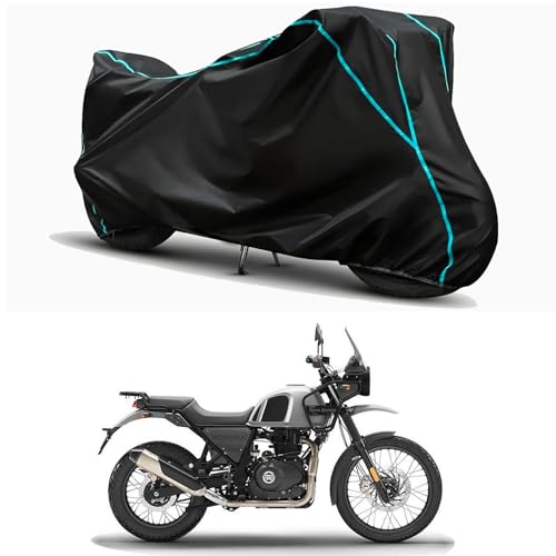 Image of Waterproof Bike Body Cover Compatible for | Royal Enfie Himalayan BS6 | Taffeta Fabric, Sky Piping Design, Bottom Elastic Fit | Dustproof, Sun UV & Rain Protection for All Weather.
