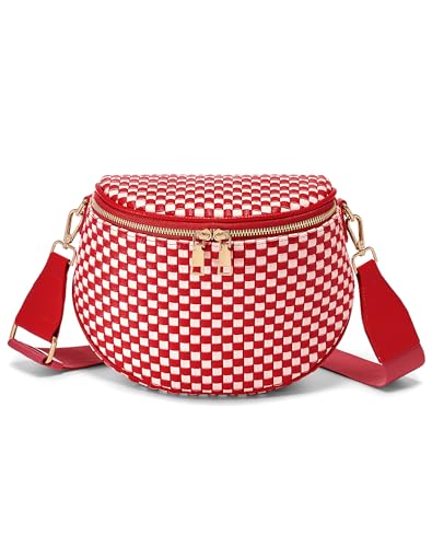 Trendy Woven Checkered Crossbody Bum Bag for Women，PU Leather Checkered Purse Fanny Packs Belt Bag (Woven Bum Bag - Red White)