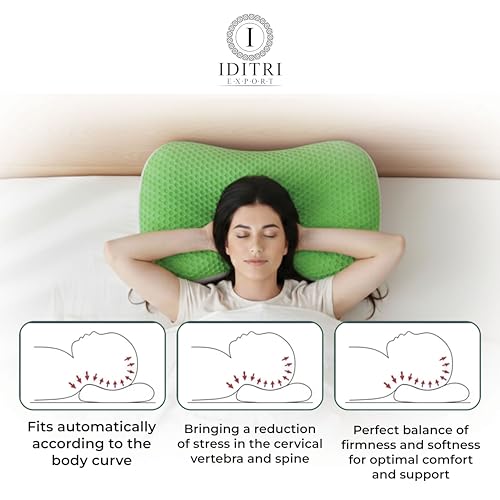 Image of Ergonomic Curved Cooling Gel Pillow, Microfiber Filled with Hexagonal TPE Grid Layer, Neck & Shoulder Support, Air Flow Design, Zippered Washable Cover, 24x13x5 inch, Green