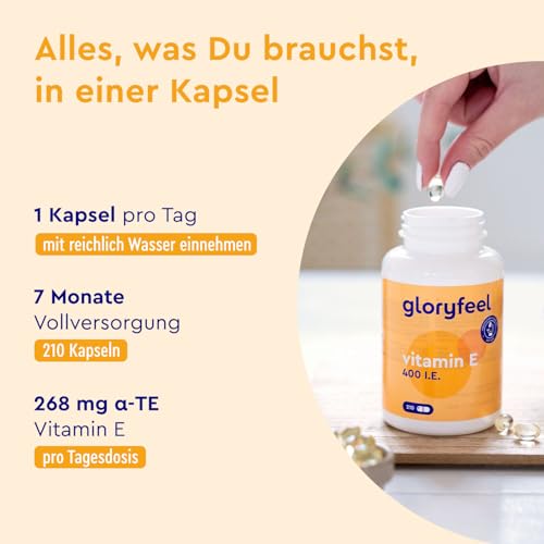 Vitamin E - 210 Kapseln - 400 IE bioaktives Vitamin E pro Kapsel - Hochdosiert für 7 Monate Versorgung - Laborgeprüft und in Deutschland hergestellt