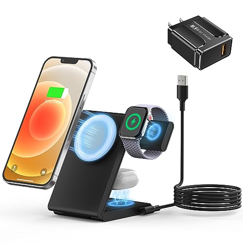 MOSHOU 3 in 1 Wireless Charging Station for Apple Devices, Foldable Wireless Charger for iPhone 15 14 13 12 11 Pro Max/Mini/XS/XR, iWatch Ultra/9/8/7/6/SE/5/4, AirPods Pro /2/3 (with Adapter)