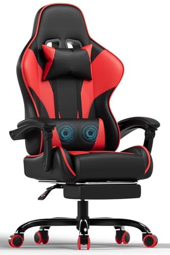 Devoko Silla Gaming de Masaje para Juegos con Reposapiés Telescópico, Silla Gamer con Cojín Lumbar y Reposacabezas, Sillas de Oficina Ergonómicas Respaldo Ajustable 90-135°, Carga 150 kg (Rosa)