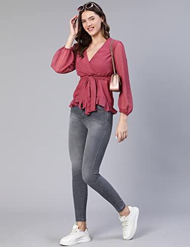 Image of oxolloxo Women Regular Fit Polyester Regular Sleeves Dobby Party Pink Top