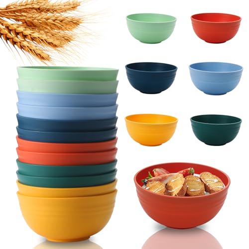 Lazycorner 12 Pcs Wheat Straw Cereal Bowls 26 Oz Wheat Straw Bowls Set Reusable Plastic Bowls for Soup Microwave & Dishwasher Safe Soup and Salad Bowls