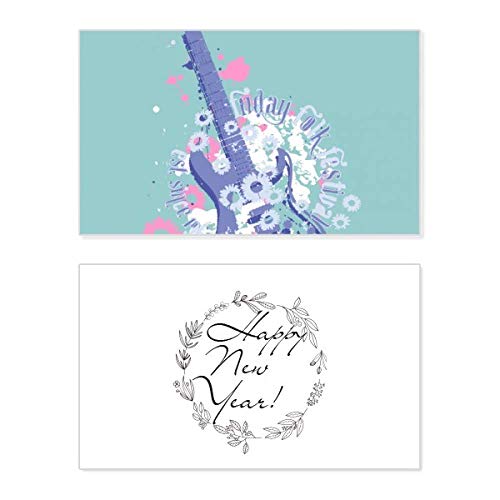 Tarjeta de Año Nuevo con guitarra ilustrada que destaca su mensaje de bendición