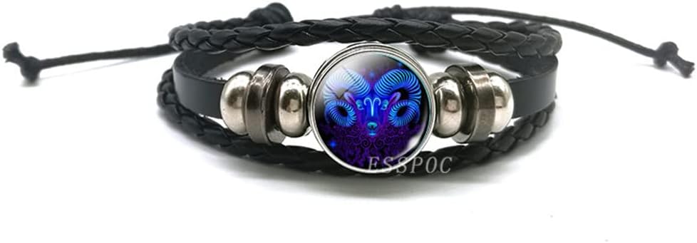 Yantinos New Men 12 Constellation Black Braided Leather Bracelet Punk Style Zodiac Sign Multilayer Weave Wrap Bracelet For Birthday Gifts