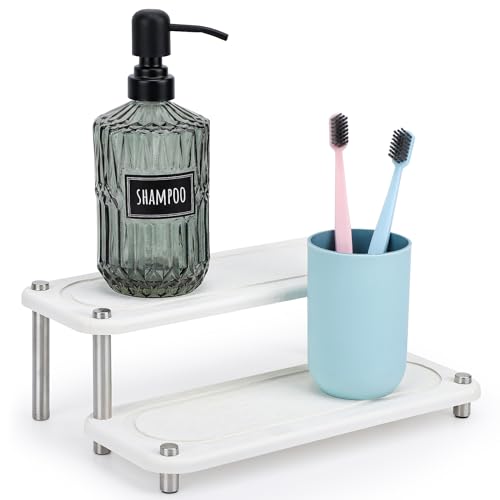 Image of Segbeauty 2 Tier Instant Dry Counter Organizer, 11x4.3in Quick Dry Diatomaceous Earth Stone Drying Tray, Water Absorbing Stone Fast Drying Countertop Rack Sponge Soap Holder for Kitchen Bathroom White