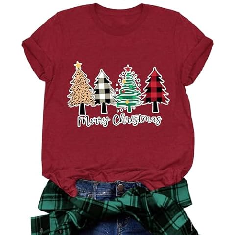 Christmas Shirts for Women Merry Christmas Leopard Tree Graphic Tees Xmas Gifts Tshirts Holiday Short Sleeve Tops(Red2,M) Cover