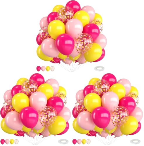 Image of Pink and Yellow Balloons,12 Inch Maca Hot Pink Yellow Confetti Balloons with Ribbon,for Girls Peach Birthday Baby Shower Engagement Party Decorations (Pack of 3)