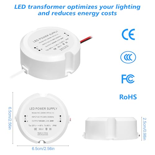 HNCY Transformator LED 24 V 60 W 2,5 A, mini okrągły zasilacz LED, transformator 230 V na 24 V, AC na DC, przełączanie transformatora niskiego napięcia, bez migotania, bez szumów, IP66, 24 V zasilacz