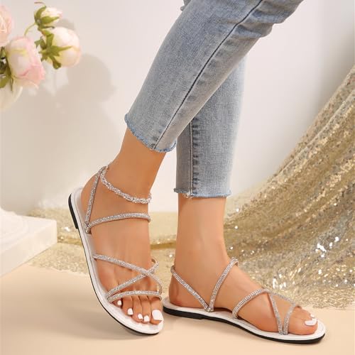 Women's Slide Sandals Summer Open Toe Flat Sandal Rhinestone Glitter Casual Fashion Slippers Slip On Sparkly Bling Flats3