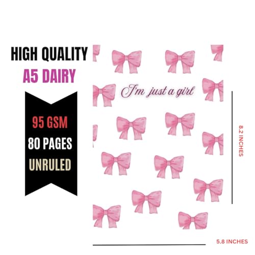 Image of A5 Unruled Soft Cover Diary For Girls - Pack of 2 | 95 GSM Thick Paper, 40 Sheets (80 Pages) | Pink Patchwork Bow Design & I'm Just a Girl Bow Pattern | Cute Journals for Writing & Sketching