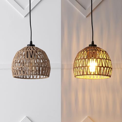 Image of JONATHAN Y 8.25 inch Brown Modern Bohemian Woven Rope LED Pendant Light Fixture, Adjustable Dome Ceiling Lamp for Kitchen Island, Rope Shade, Coastal Farmhouse Decor (JYL6512E)
