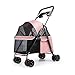 kamulouk 4 Wheels Dog Stroller, Outdoor Travel Pet Folding Stroller, Dog Cat Cage Strollers with Cup Holder, Cats Dogs Pushchair, Breathable and Visible Mesh for Medium Small Dogs (Pink)