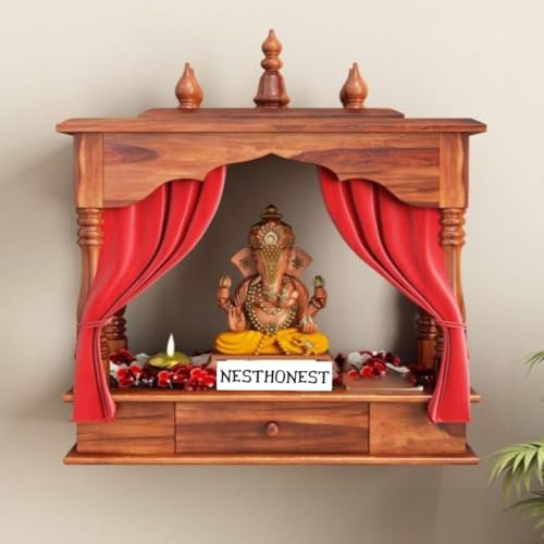 Image of Wall Mounted Solid Sheesham Wood Puja Mandir for Home Solid Wooden Temple for Puja Room with 1 Drawer Storage Pooja Ghar Wooden Furniture for Pooja Room Sheesham Wood, Honey Finish