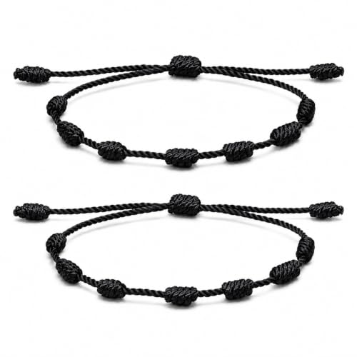 Anudadas | Yosei Pack 2 Pulseras De 7 Nudos Ajustables, Amuleto De Protección, Mal De Ojo Y Buena Suerte, Pulsera Espiritual De Hilo Para Mujer Y Hombre, Regalo Para Pareja Y Amistad - Negro