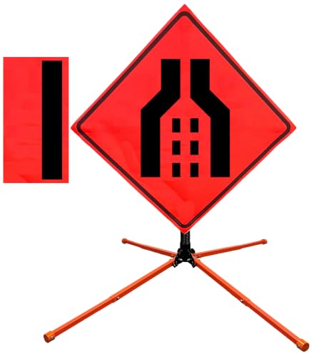 Image of OrangeGear 36 inchx36 inch Double Transition Symbol Mesh Sign & Steel Spring Stand | MUTCD TTC compliant orange mesh roll-up sign kit with fiberglass ribs, single-spring steel stand and straight-bar overlays.