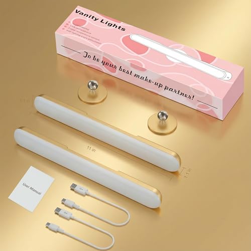 Image of Benreom 2 Pack Wireless Vanity Lights for Mirror, Rechargeable Battery Operated Makeup Light, Adjustable Light Bar, Magnetic Stick on LED Lighting Bathroom Decor Accessories, Gold