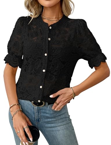 Haut en dentelle femme anti-transpiration manches courtes bouffantes col rond bureau