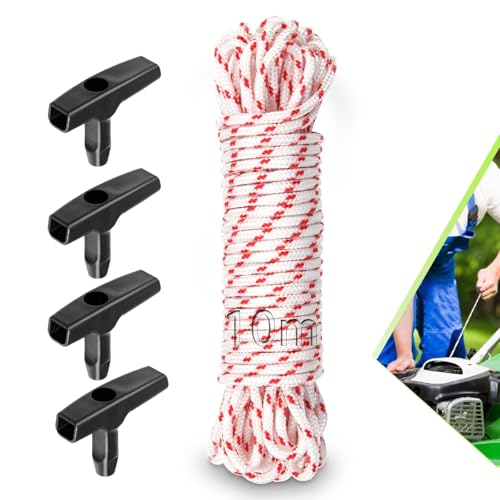 TXXATX 3mm Lawnmower Pull Cord 10m/32.8Ft Pull Cord for Petrol Lawnmower with 4 Pcs Pull Cord Handle Recoil Starter Rope Replacement Universal Engine Starter for Chainsaw Trimmer Petrol Lawnmower