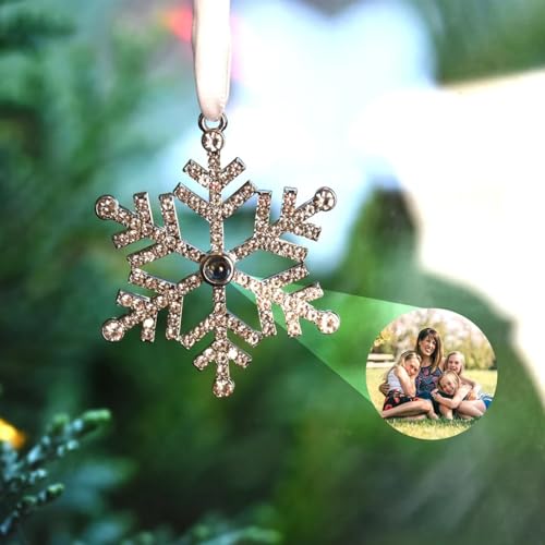 Keruidian Adorno de imagen de proyección personalizado con copos de nieve de Navidad, adorno de Navidad personalizado, dije de foto personalizado (plateado)