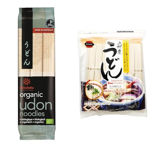Hakubaku Organic Udon Wheat Noodles (9.5 OZ) & J-BASKET Dried Udon Noodles (28.21 OZ) Japanese Noodle Bundle image 2