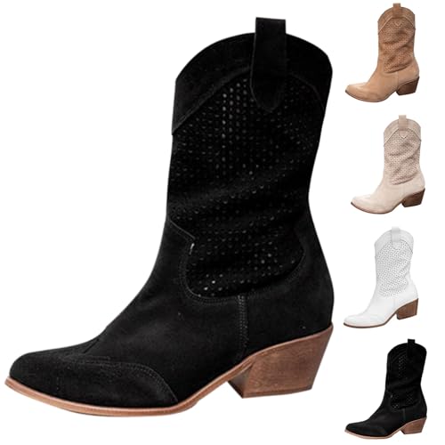 Botas Cowboy Mujer Piel Camperas Altas Tacon Ancho de Caña Alta Botines Texanas Camperos Western de Punta Media Pantorrilla Largas con Cremallera Cowgirl Boots Moda Comodas y Elegantes Otoño Invierno