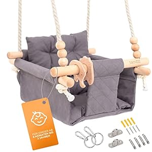 SWINGG® Babyschaukel Indoor Outdoor – Bequeme Baby Schaukel mit Sicherheitsgurt | stabiles Befestigungsset & Anti-Rutsch Sitzkissen | Türrahmenschaukel aus Holz & Baumwolle, Zertifiziert für EU