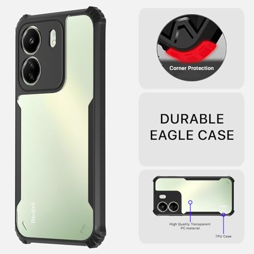 Image of Pikkme Ultra Hybrid Back Cover for Redmi 13C 4G | Poco C65 | Raised Edges |Crystal Clear Transparent | Full Camera Protection Bumper Case (Black)
