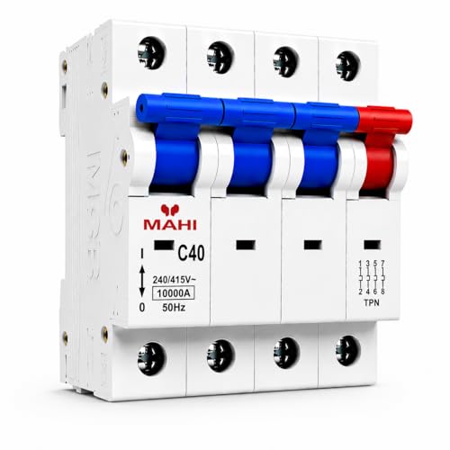 Image of MAHI 40A Four Pole MCB C Curve, Miniature Circuit Breaker with Overload & Short Circuit Protection, 40A Breaking Capacity, Durable Polycarbonate Body for Home & Industrial Use