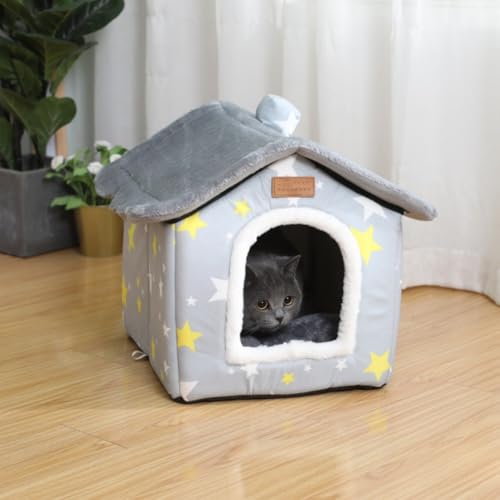 SEAHOME Foldable Dog House Kennel Bed Mat for Indoor Pets,Enclosed Warm Plush Sleeping Nest Bed with Removable Cushion,Covered Small Pet Condos Indoor Cat Hideaway (M, Grey) - Image 4