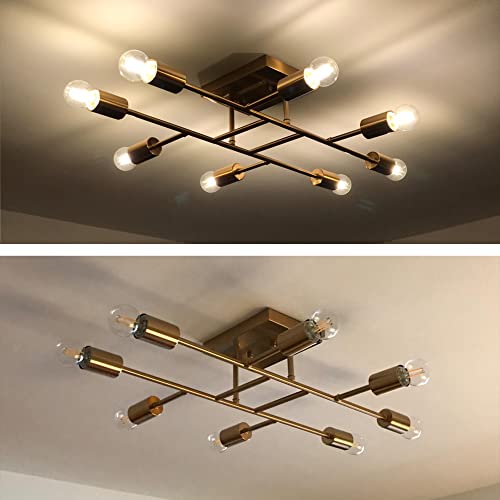 Tuluce Mid Century Modern Ceiling Lighting Fixture Industrial Semi Flush Mount Light Ceiling Brushed Brass 8 Light Kitchen Light Fixtures For Dining Room Bedroom Living Room Foyer Chandelier #TOP6