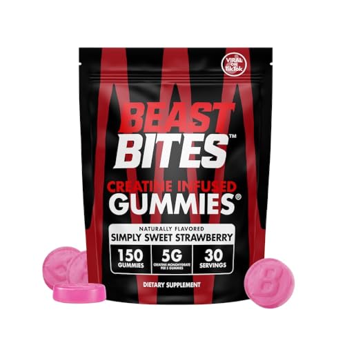BEAST BITES Creatine Infused Gummies - 5g Creatine Monohydrate Per Serving - NSF Certified for Sport Clean Label Project Certified (150 Gummies Simply Sweet Strawberry)