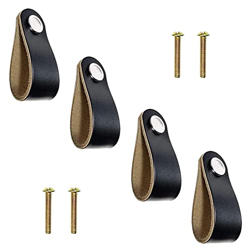 OUYANKA Ledergriffe für Möbel 4 Stück Möbelknöpfe Schwarz Möbelgriffe Leder Schrankgriff 143 * 25mm Schrank Knauf Ledergriffe mit Schrauben für Schublade Schranktür Kommode
