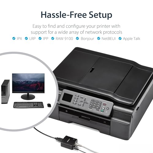 Image of StarTech 1-Port USB 2.0 Network Print Server, 10 /100 Mbps Auto-sensing, Wired Ethernet LAN USB Printer Server Adapter, TAA Compliant